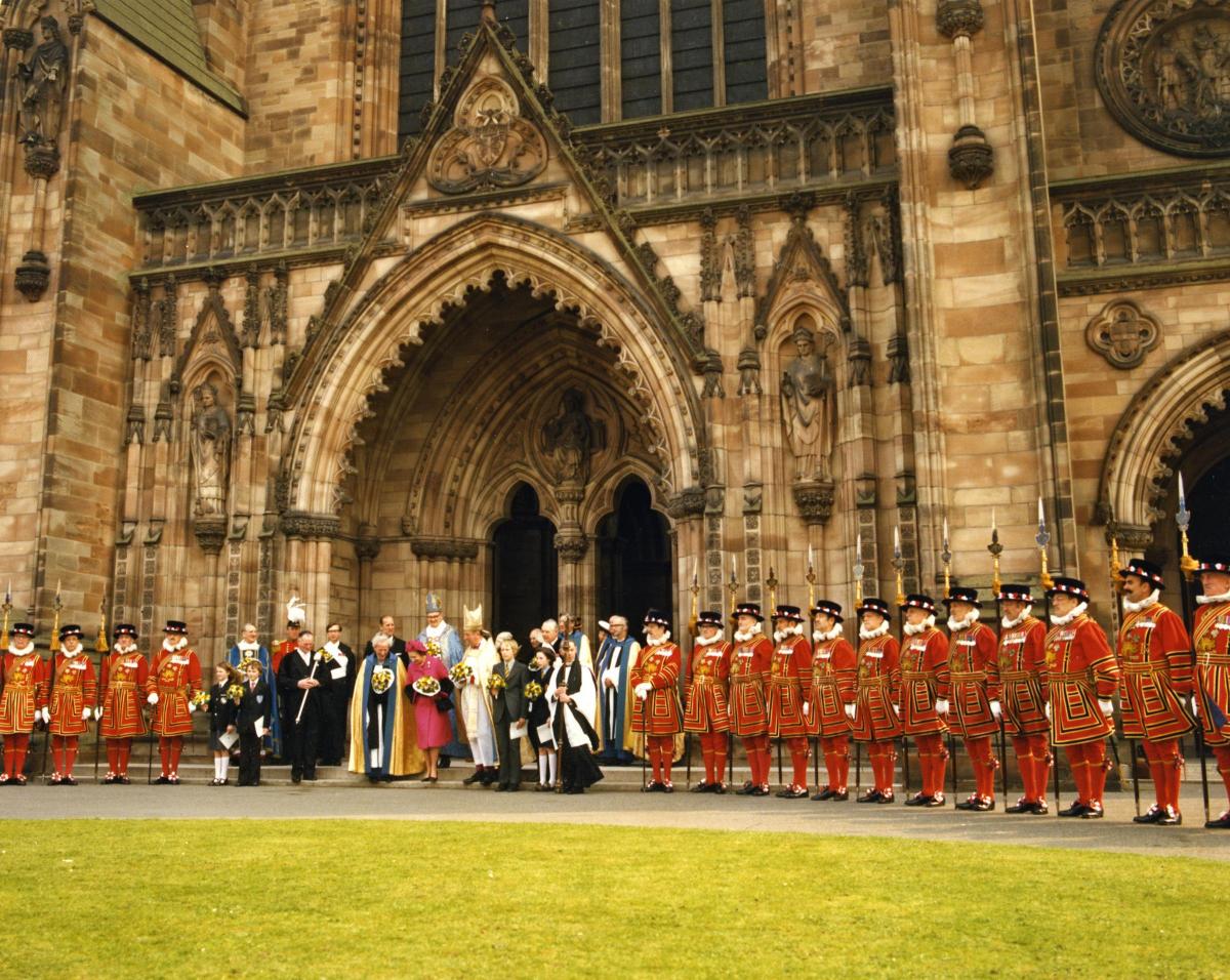 An impressive line-up of yeomen outside Hereford Cathedral, 1976.
Photos: Derek Foxton Collection; and Peter Norman