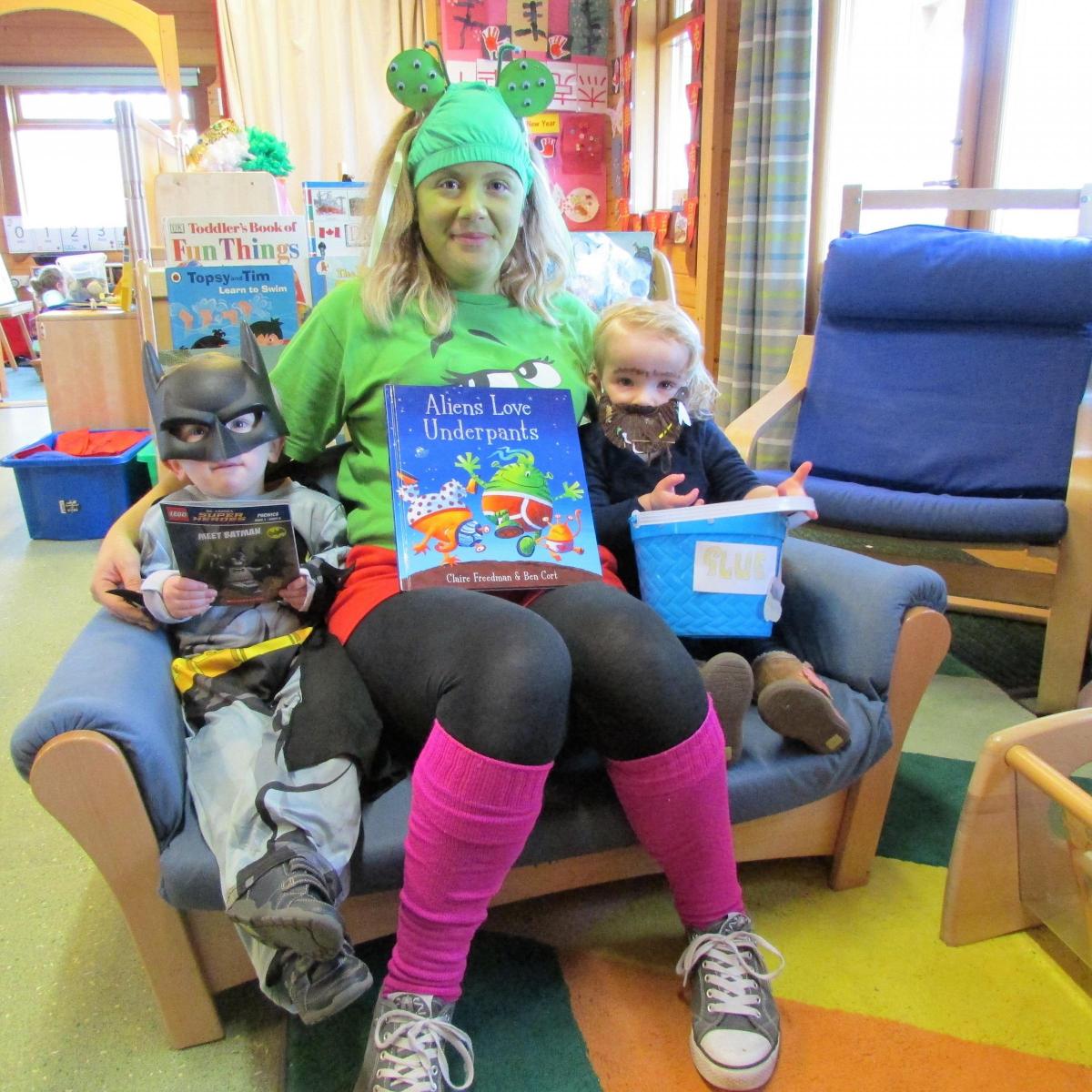 Harry, Heather Cambridge and Emily celebrating World Book Day at Jack In The Box Nursery, Bosbury