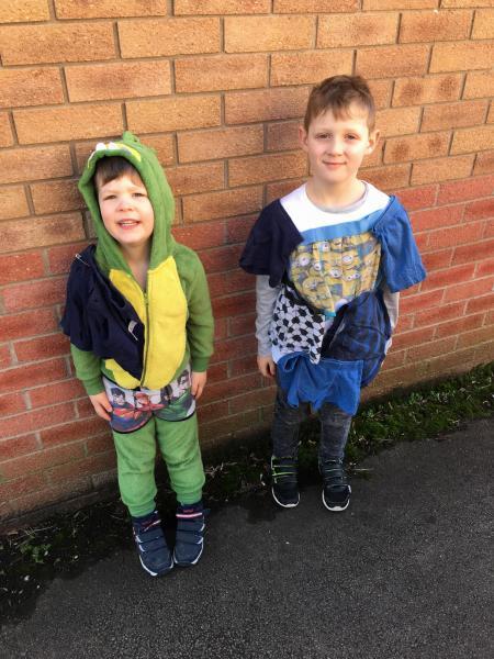 Ben and Ollie Rattray dressed in underpants-themed costumes from the book Underpants Thunderpants
