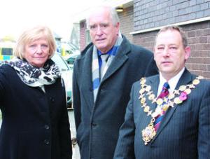 From left): Hereford United company secretary and director Joan Fennessy, Lord Mawhinney and the Mayor of Hereford, coun Kevin Wargen, outside Edgar S