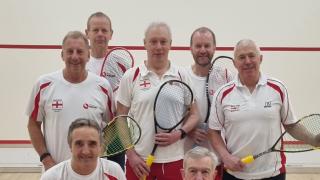 Tom Burton (back row middle) was captain of the England squash masters men’s over-65 team