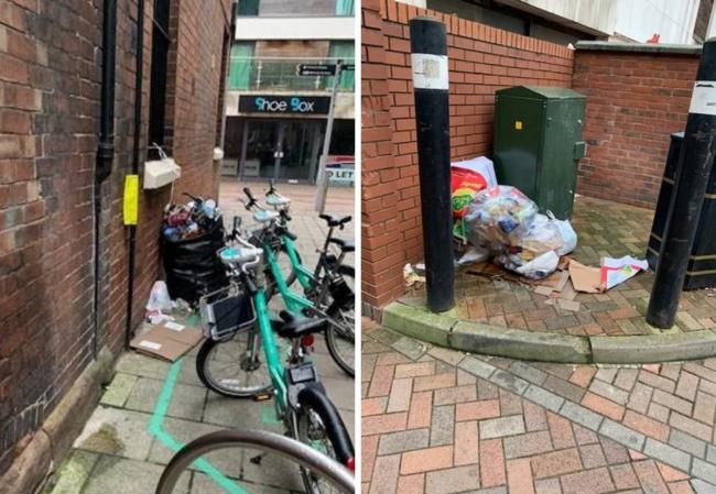 Rubbish has been dumped between Eign Gate and Bewell Street, left, and in Bewell Street, right