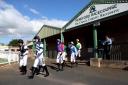 Jockeys leave the weighing room for the bet365/British Stallion Studs EBF "National Hunt" Novices' Hurdle during the Bet365 Opening Raceday at Hereford Racecourse.