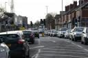 Traffic built up in Edgar Street, Hereford, near the Courtyard and Hereford FC's ground