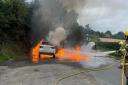 Pictures show a car engulfed in flames in Orleton, Herefordshire. Picture: Kingsland fire station