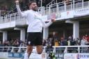 Maziar Kouhyar celebrates his goal against Guiseley. Picture: Steve Niblett/Hereford FC