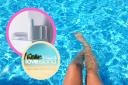 (Background) A woman with her feet in the pool ( Canva) ( Pink circle) new ITV Love Island range (ITV) ( Yellow circle) Love Island logo. ( PA/ITV)