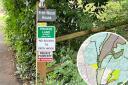A recent photo of signs at Frith Wood House, and inset, Forestry England\'s map of the wood, with public rights of way in black.