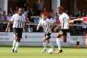 Kane Thompson-Sommers (with ball) in action for Hereford against Spennymoor Town. Picture: Steve Niblett/Hereford FC