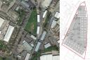 An aerial view of the triangular site, currently green (from Google), and the planned layout of the industrial units.
