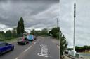 The site of the proposed 20m 5G pole (from Google Street View) and a similar pole already in use
