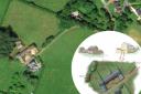 `an aerial view of the barns (from Google) and inset, how they would be converted