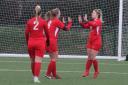 Hereford Pegasus Ladies captain Emily Morgan celebrates a goal with Amy Bradley. Picture: Stuart Townsend