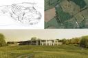 artist's impressions of the planned house, and aerial view of the planned landscape around it