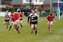 Man of the match Rob Aikman charges for the try-line during Luctonians’ 45-17 victory over Barnstaple. Picture: Nigel Mee