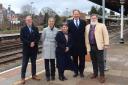 L-R: Clive Brooks of Hereford and Worcester Chambers of Commerce; Karen Heppenstall of Midlands Connect; Marches LEP chair Sonia Roberts; Hereford MP Jesse Norman; and Coun John Harrington, head of transport for Herefordshire Council, at Hereford station
