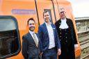 WMRE executive director Tom Painter, WMR managing director Ian McConnell and the High Sheriff of Worcestershire Andrew Manning-Cox with the Edward Elgar train