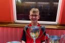 Max Handley with his trophy haul from the Hereford Snooker League
