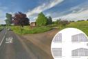 The road access the the proposed shed from the A46, and inset, what it will look like