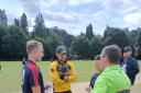 Herefordshire skipper Matt Pardoe (left) and his Glamorgan counterpart James Harris receive their pre-match instructions from umpires Sue Redfearn and John Farrell.