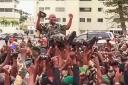 Video grab shows soldiers holding General Brice Clothaire Oligui Nguema aloft in Libreville, Gabon (Gabon24/AP)