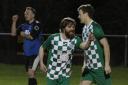 Jack Cripps celebrates scoring a second goal in Hay St Mary's 5-2 win against Ffostrasol Wanderers