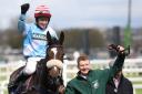 Jockey Stan Sheppard celebrates on board Cruz Control in the three-mile William Hill Handicap Steeple Chase at Aintree
