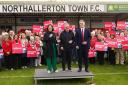Labour Party leader Sir Keir Starmer and shadow chancellor Rachel Reeves, celebrate with David Skaith at Northallerton Town Football Club