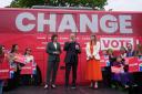 Shadow chancellor Rachel Reeves, Labour Party leader Sir Keir Starmer and deputy Labour leader Angela Rayner, at the launch event for Labour’s campaign bus in Uxbridge (Lucy North/PA)