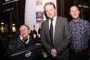 Stephen Hawking with Saxtys owner Edward Symonds (middle) and general manager Joe Williams (right)