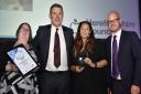 Independent Business of the Year winner The Kup-Cake Kitchen Cafe. From left: Sarah Haines, David Harlow and Valencia Simpson with presenter Andrew Easton.Picture by David Griffiths 05102017