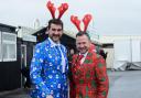 Christmas Jumper Raceday at Hereford Racecourse - Adam Huselbee & Mike Robinson sporting Christmas suits..