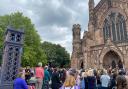 Crowds gather at Hereford Cathedral to hear Charles being proclaimed King. Picture: Hattie Young