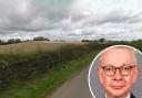 View of one of the fields from the road, and communities secretary Michael Gove MP (