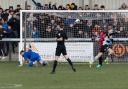 Ben Liddle pulls away to celebrate his 25th minute opening goal after firing past Curtis Pond
