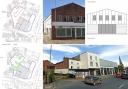 Before and after plans of the site, how the Portland Road end of the new workshop would compare with the existing building, and the showroom and garage from Eign Street