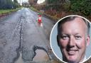 A potholed Herefordshire road and inset, Sir Bill Wiggin