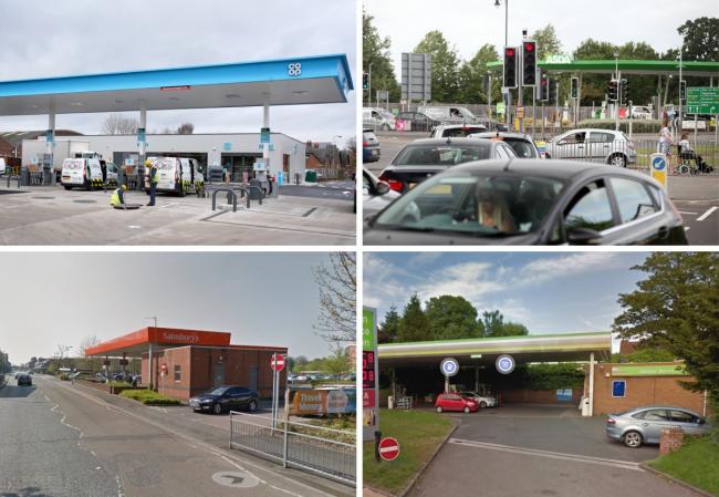 Which petrol station has the cheapest fuel in Hereford? Clockwise from top left: Co-op in Holmer Road, Asda on the A49, Hinton Service Station in Ross Road and Sainsbury's off Whitecross Road