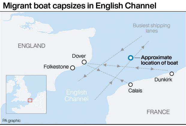 Hereford Times: Migrant boat capsizes in the English channel. Credit: PA Graphics
