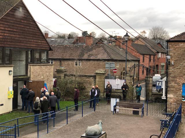 People queuing outside the coronavirus vaccination centre at Bromyard Public Hall