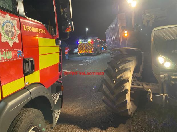 Hereford Times: A tractor with a trailer was involved in the crash. Picture: Leominster fire station