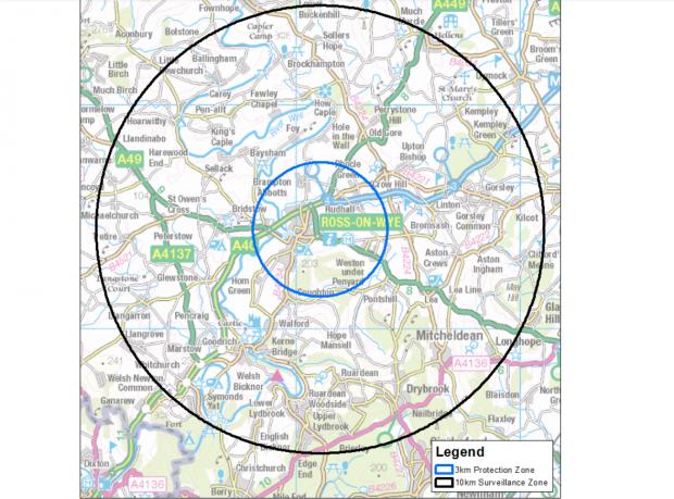Hereford Times: The new control zones around Ross-on-Wye. Picture: Defra