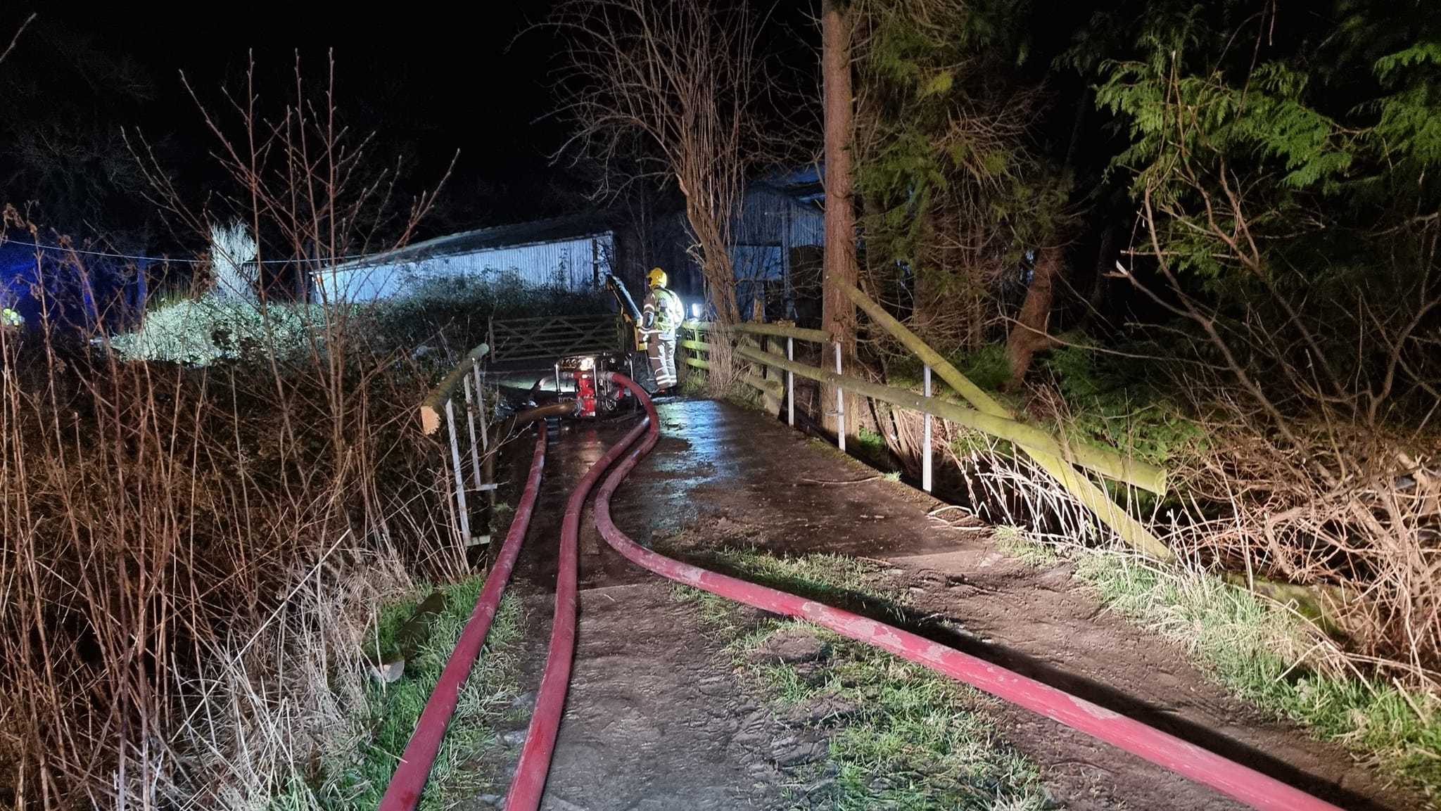 Fire crews used water from a nearby brook to battle the blaze. Picture: Kington fire station
