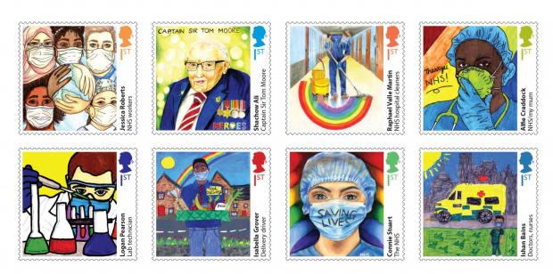 Hereford Times: The eight winning designs in the children's Royal Mail Heroes of the Pandemic stamp competition