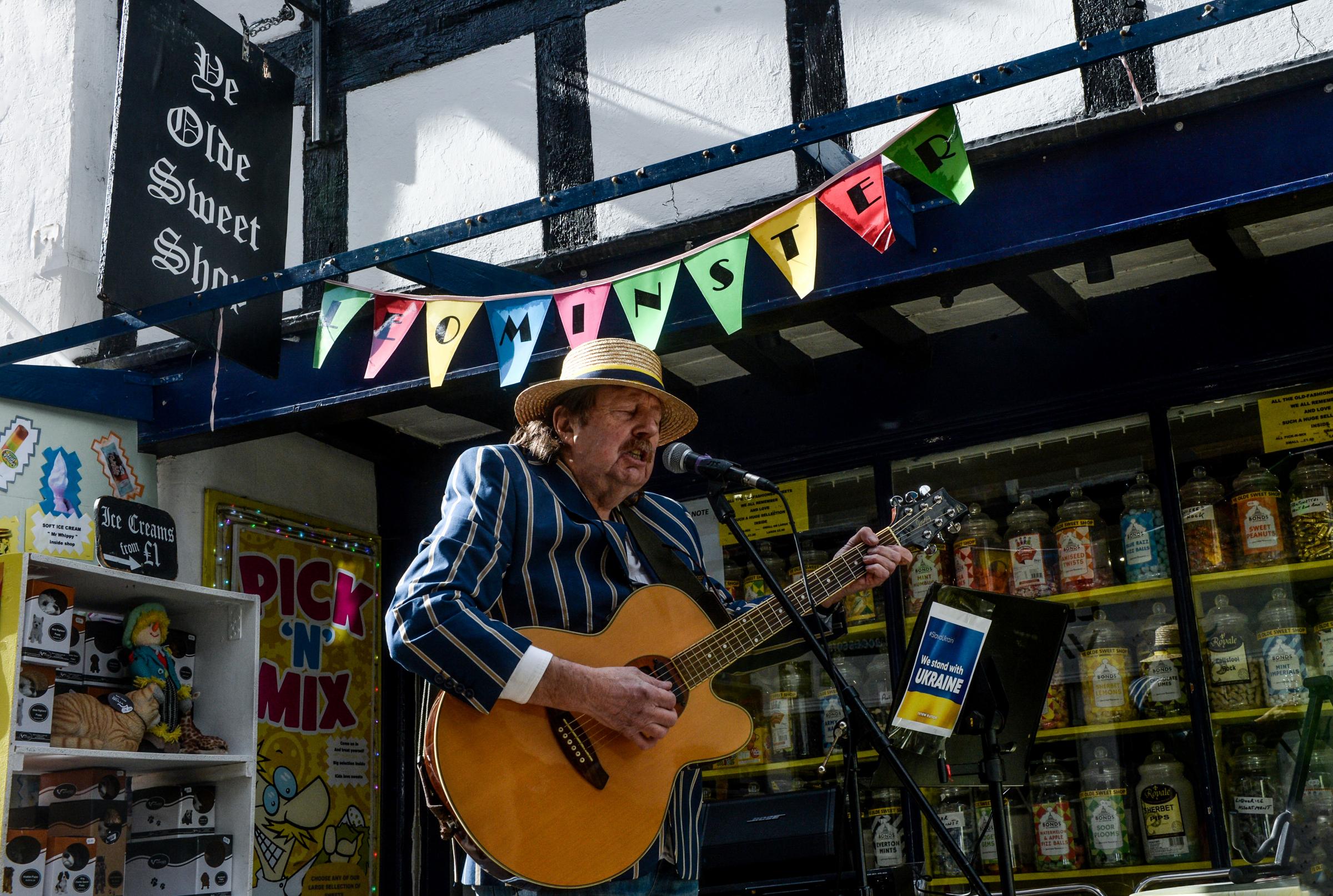 Leominster Independents Day: Vince Lane, who runs Ye Olde Sweet Shop in School Lane, busking with his guitar