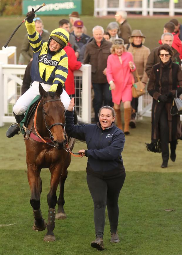 Hereford Times: Chambard coming back into the winners enclosure, winner of the Fulke Walwyn Kim Muir Challenge Cup Amateur Jockeys' Handicap Chase at 40/1. Trained by Venetia Williams (pictured right) and ridden by Lucy Turner. Picture by Phil Blagg Photography.