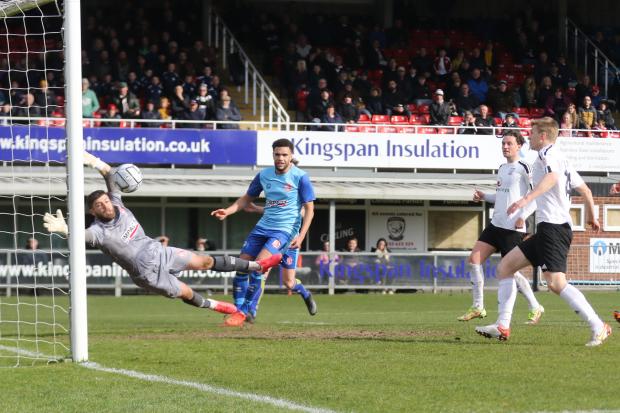 Ryan Lloyd pulls a goal back in Hereford's 2-1 defeat against Alfreton Town. Picture: Steve Niblett
