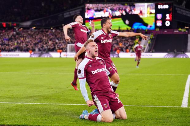 Hereford Times: West Ham United's Jarrod Bowen (centre) celebrates scoring their side's first goal of the game with team-mates during the UEFA Europa League quarter final first leg match at London Stadium, London. Picture: Adam Davy/PA Wire