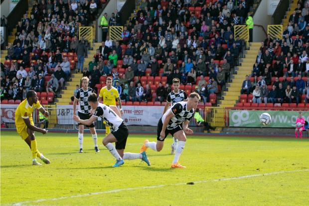 Seb Revan pulling a goal back against Gateshead. Picture:Andy Walkden/Hereford FC