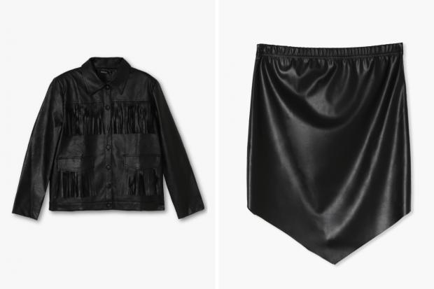 Hereford Times: (Left) Fringe Faux Leather Jacket and (right) Pointed Hem PU Mini Skirt in black (Boohoo/Canva)